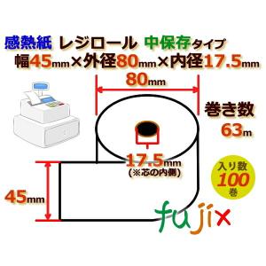 レジロール 感熱紙(中保存)幅45mm 外径80mm×内径17.5mm 100巻／ケース RH448017｜fujix-sizai