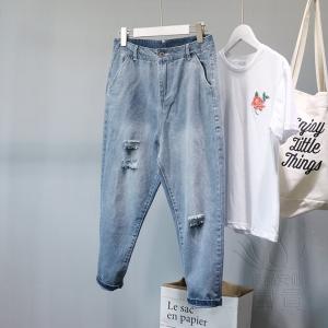 FLZ デニムパンツ  ハーレムパンツ ウォッシャブル加工 クラッシュ 九分丈 ハイウエスト おしゃれ  春｜fuki-fashion