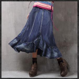 スカート フォークロア オリジナル 無地 スカート スカラップ裙 膝丈 デニム スカラップ 非対称 レトロ調｜fuki-fashion