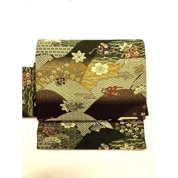 未使用品 作り帯 正絹 二重太鼓結び 宝尽くしと四季の花々 六通柄 袋帯の付け帯
