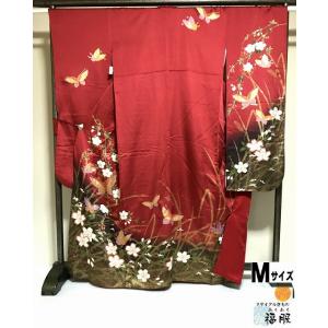 中古 振袖 正絹 渋赤色地に蝶模様 裄67cm Mサイズ シーズン春｜fukufukukimono