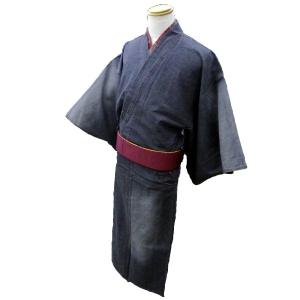 男物 デニム着物 M L LL 3サイズ ブラックデニムのウォッシュダメージ