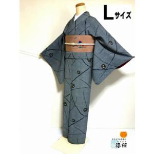 中古 小紋 化繊 黒地に鹿の子　丸紋模様 裄67cm Lサイズ