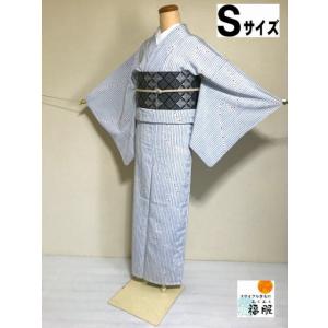 【中古】小紋 化繊 ブルーグレー地に縞模様 単衣 裄63cm Sサイズ｜fukufukukimono