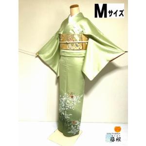 【中古】付け下げ 正絹 グリーン地に草花模様 裄66cm Mサイズ