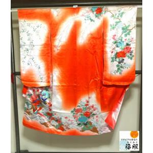 中古 七五三 正絹 7〜11歳女児用 祝い着 着物 長襦袢セット 朱色地に蝶