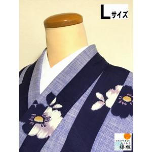 中古 小紋 化繊 藤紫地に椿模様 裄70cm 夏着物 Lサイズ｜fukufukukimono