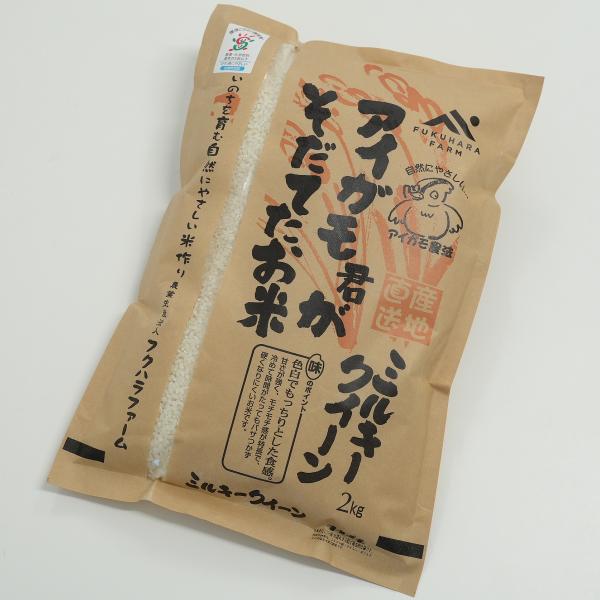 ミルキークイーン 2キロ 白米 令和5年産 アイガモ君が育てたお米 栽培期間中農薬不使用　フクハラフ...