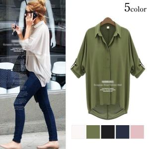 レディース シャツ ロールアップ 半袖 襟付き 無地 とろみシャツ