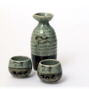 人間国宝徳田正彦九谷焼旭窯線文酒器徳利2本及びぐい飲み5個セット