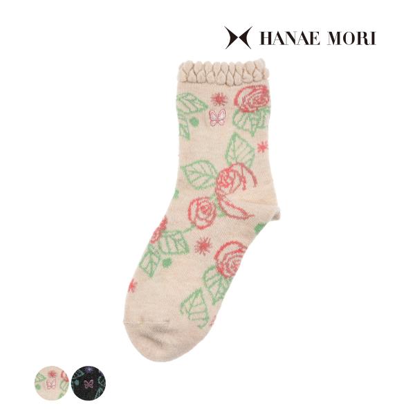 HANAEMORI(ハナエモリ) 靴下 クルー丈 花柄 ウール・シルク入り 履き口ゆったり (320...