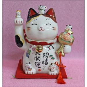 招き猫 置物 商売繁盛 招き猫の置物 貯金箱(猫舎 新花バンク 小)N3