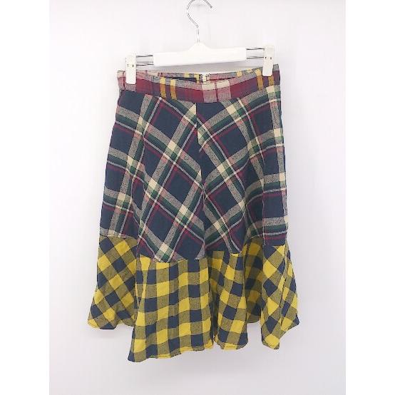 ◇ Mico Ameri チェック 膝下丈 フレア スカート サイズF ネイビー ベージュ マルチ ...