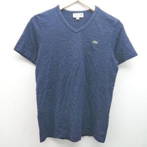 ◇ LACOSTE ラコステ Vネック ブランドロゴ 刺? シンプル オシャレ 春夏物 半袖 Tシャツ サイズXS ネイビー系 メンズ E