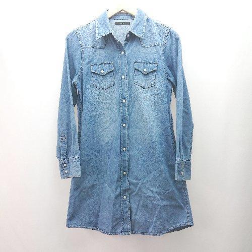 ◇ something シャツ フロントボタン 前開き ポケット付き 長袖 ひざ丈 ワンピース サイ...