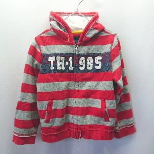 ◇ TOMMY HILFIGER トミー ヒルフィガー キッズ ボーダ− フード 長袖 パーカー サイズ5T レッド グレー メンズ E