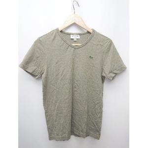 ◇ LACOSTE ラコステ ロゴ Vネック 半袖 Tシャツ カットソー サイズ FR2 US XS カーキ レディース P