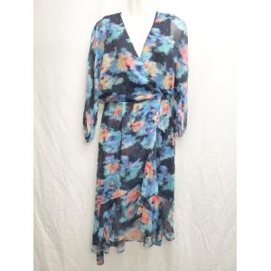 ◇ ◎ Adrianna Papell アドリアナパペル 長袖 膝下丈 ワンピース サイズUS6 UK10 ブルー ネイビー マルチ レディース P