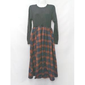 ◇ Θ CHOCOA マタニティ　フロントジップ　ドッキング　チェック 長袖 膝下 ワンピース サイズF ブラウン レディース P