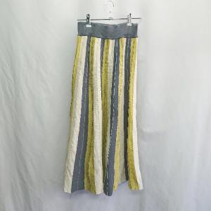 ◇ ⊇ CAWAII カワイイ 配色デザイン ロング フレア ニットスカート サイズS グレー イエロー レディース E