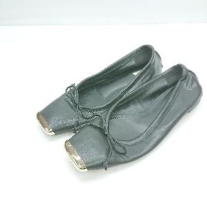 ◇ Θ CHEMBUR リボン装飾 スクエアトゥ バレエシューズ サイズ371/2 ブラック ゴールド レディース E