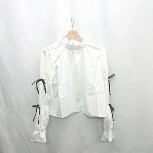 ◇ ⊂ ◎●未使用● EMS シャーリングスリーブ リボン 長袖 ブラウス サイズF ホワイト レディース E