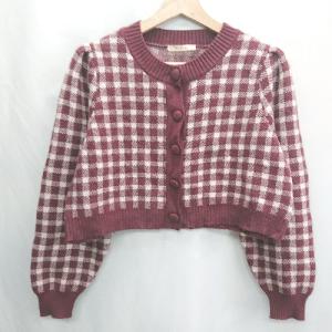 ◇ ⊇ ems excite エムズエキサイト チェック柄 長袖 カーディガン サイズF レッド系 レディース E