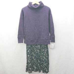 ◇ ⊇◎●未使用● ANGELIEBE ニット切替 花柄 長袖 ひざ下丈 マタニティワンピース サイズL パープル レディース E