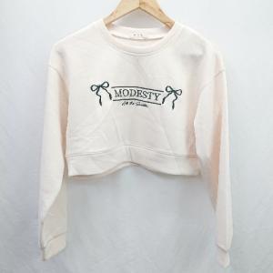 ◇ ⊇ ems excite エムズエキサイト 刺繍 ショート丈 長袖 スウェット トレーナー サイズF ベージュ レディース E