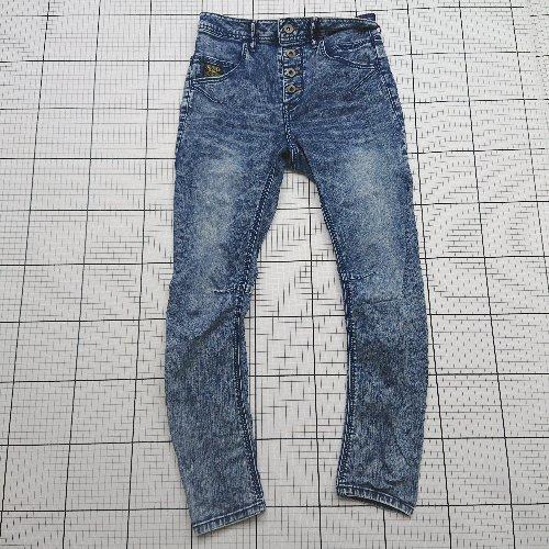 ◇ ⊂ DOUBELENAME ダブルネーム ウォッシュ加工 フロントボタンデニム風ストレッチパンツ...