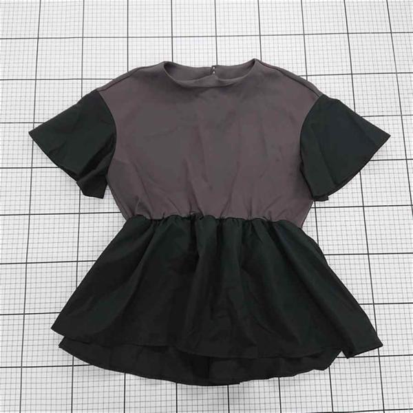 ◇ ⊂ ホワイトジョーラ つやポンチ パールライク 半袖 ペプラムブラウス サイズL チャコール系 ...