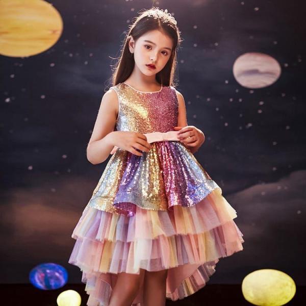 ワンピース 子供服 ドレス 発表会 女の子 カラフル 娘 可愛い お姫様 ピンク ブルー パーティー...