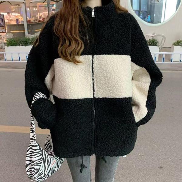 【特価】フリースジャケット レディース ボア ブルゾン アウター もこもこ 配色 立ち襟 ゆったり ...