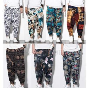 綿麻パンツ メンズ サルエルパンツ ロング丈 麻 リネンパンツ エスニック花柄 ハーレムパンツ 袴パンツ ワイド カジュアル チノパン イージーパンツ