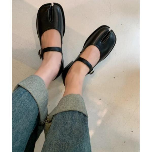 牛革足袋メリージェーン エア ストラップシューズ 太ヒール 疲れない カジュアル きれいめ こなれ感...