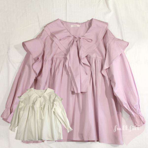 ブラウス 長袖 レディース 白 リボン フリル ビッグカラー 20代 30代 40代 50代 ホワイ...