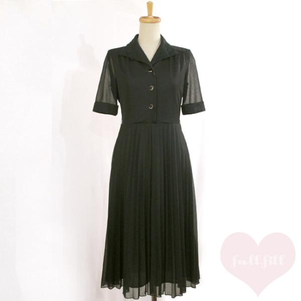 古着 ワンピース 昭和レトロ プリーツワンピース 黒 ブラック モノトーン 半袖ワンピース 襟刺繍 ...