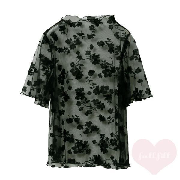 シアートップス インナー 柄 半袖 重ね着 花柄 ブラック 黒 結婚式 シースルー レイヤード フォ...