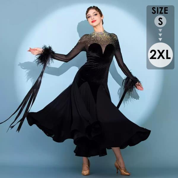 社交ダンス ドレス 練習着 競技着 ワンピース 長袖 レース 透け感 豪華 パーティー モダン スタ...