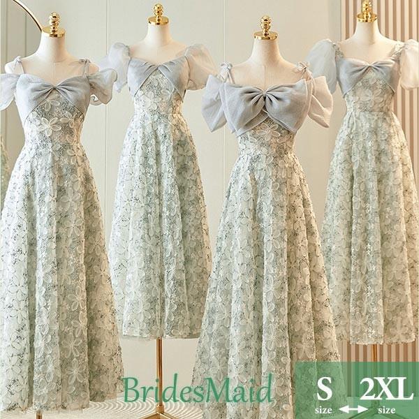 ブライズメイド ドレス ミモレ丈ドレス 総レース 花柄刺繍 演奏会 ピアノ発表会 キャミソール バフ...