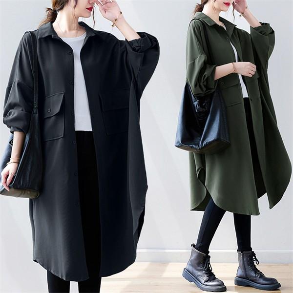 韓国風 新作 スプリングコート レディース グリーン ブラック トレンチアウター 長袖 上品 大きい...