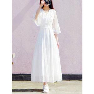 白ワンピース 大人可愛い 夏 レース Vネック...の詳細画像1