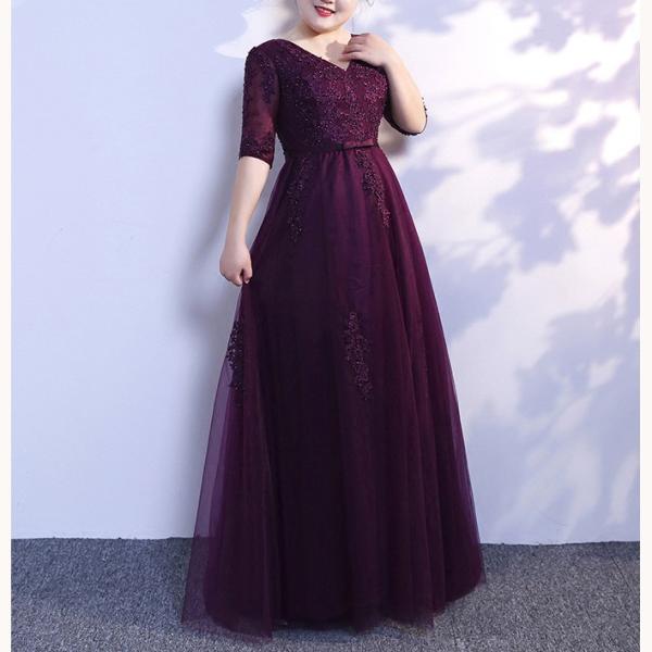 大きいサイズ パーティードレス 結婚式 袖あり 痩せ見え 上品な ロング丈 レース お呼ばれ 二次会...