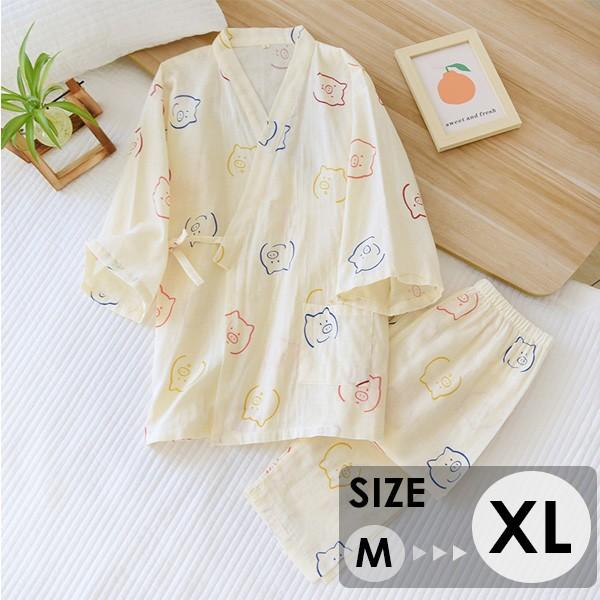 レディース ルームウェア パジャマ 寝巻き ガーゼ 浴衣 ガウン お風呂上がり 豚柄 前開き 夏素材...