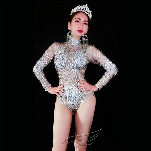 エキゾチックダンスウェア キラキラシルバー ライン ストーンジャンプスーツ セクシー  ビッグクリス...