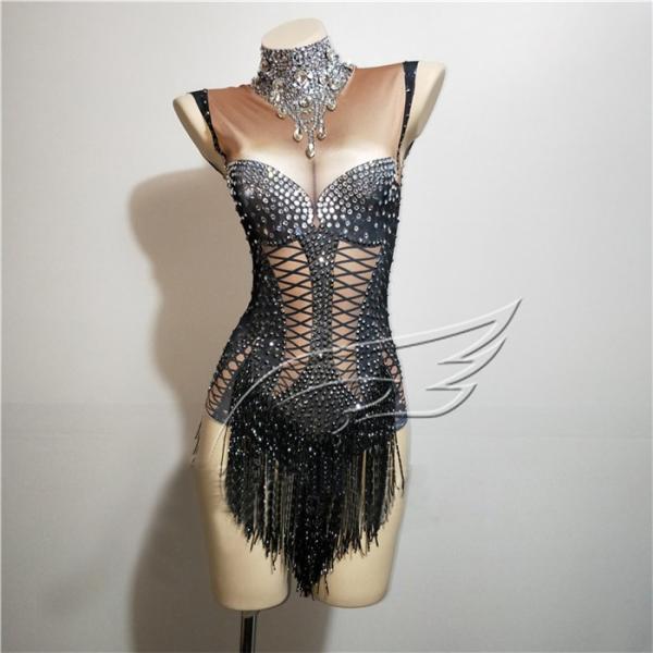 エキゾチックダンスウェア ラインストーンボディスーツ ナイトクラブジャンプスーツ 女性用 性能 スパ...