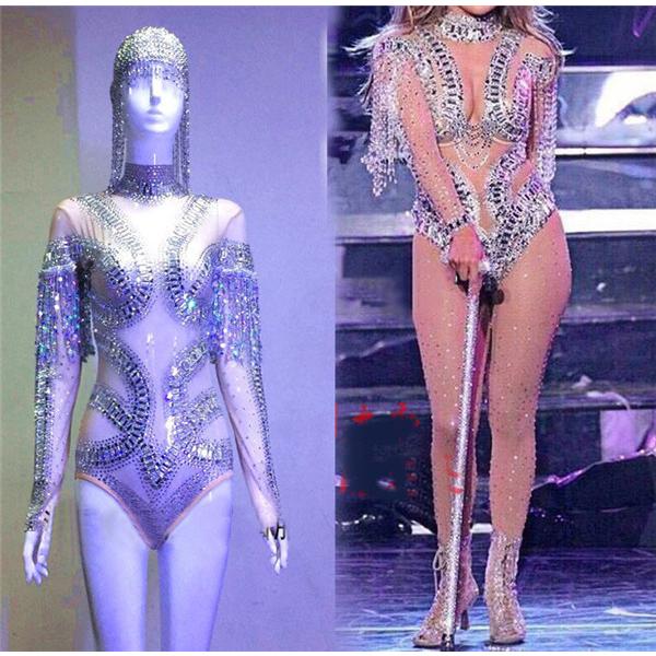 エキゾチックダンスウェア ラインストーンボディスーツ ナイトクラブジャンプ シルバー 女性用 性能 ...