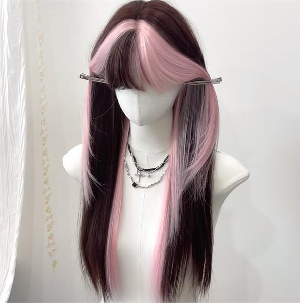 ウィッグ レディース ロングストレート ピンクハイライト 前髪あり フルウィッグ フルウィッグ 自然...