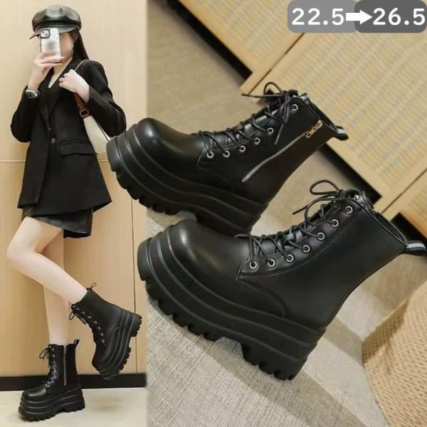 ショートブーツ ブラック 黒 サイドファスナー レースアップ 厚底 春秋 推し活 映えブーツ ヒール...