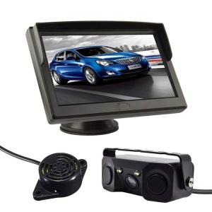 パーキングセンサー搭載バックカメラ+モニターセット 5インチオンダッシュモニター ダブルレーダー 警報ブザー 広角カメラ 距離表示 安全駐車 OMT50PSBC3IN1